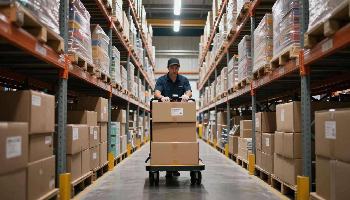 A single worker in a modern warehouse pushes a cart with a scanner, selecting a colorful box from a high shelf amid vertical racks under dramatic cinematic lighting.