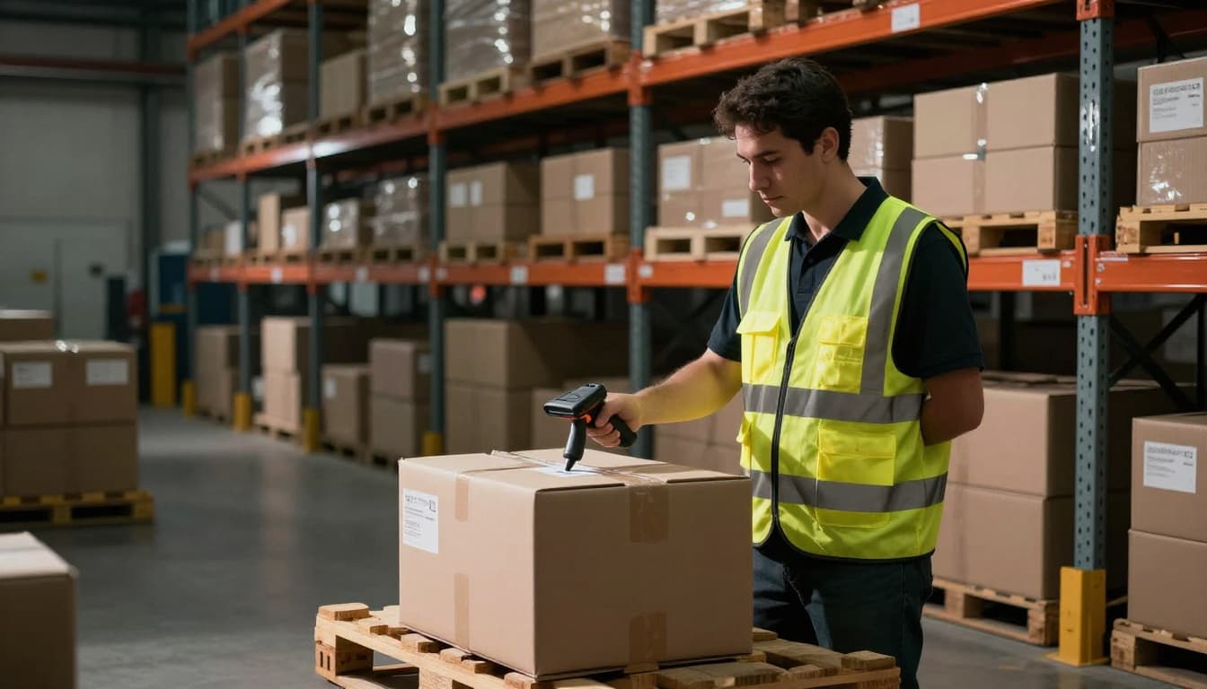 Warehouse worker in safety vest holds handheld barcode scanner pointed at label on cardboard box on pallet, in busy industrial warehouse with metal shelves, cinematic style with dramatic overhead lighting and long shadows.