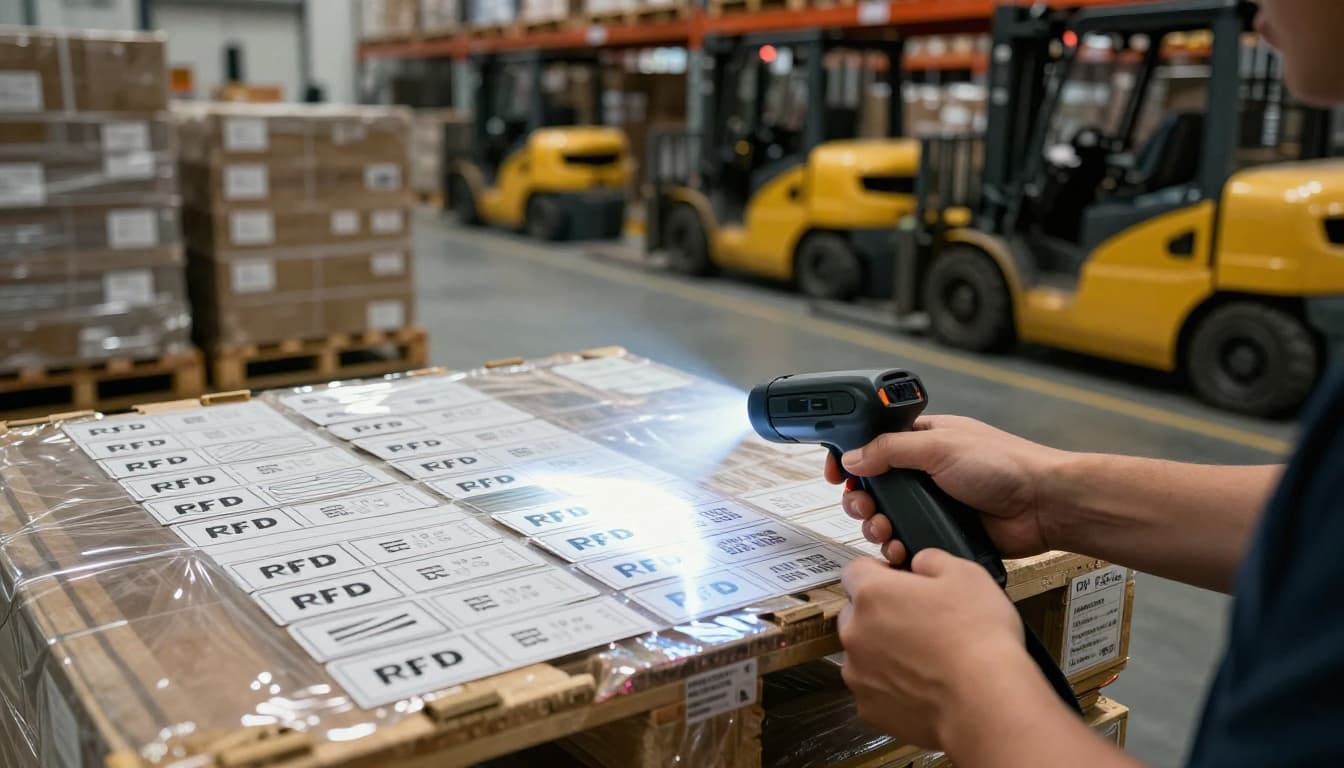 Warehouse worker scanning RFID tags on pallets with handheld reader in a busy industrial warehouse, close-up on scanner beam and cinematic lighting.