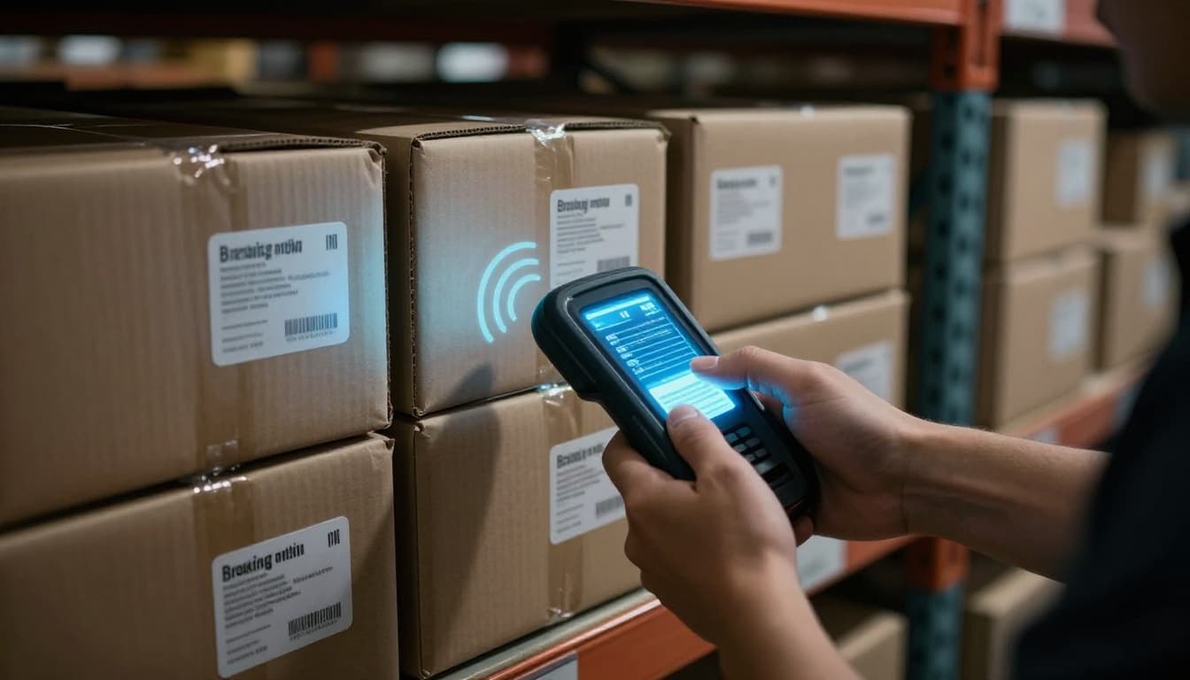 A single warehouse worker holds a handheld RFID reader with both hands, scanning multiple passive RFID tags on stacked cardboard boxes on metal shelves in a dimly lit aisle, with faint glowing radio waves connecting the reader to the tags.
