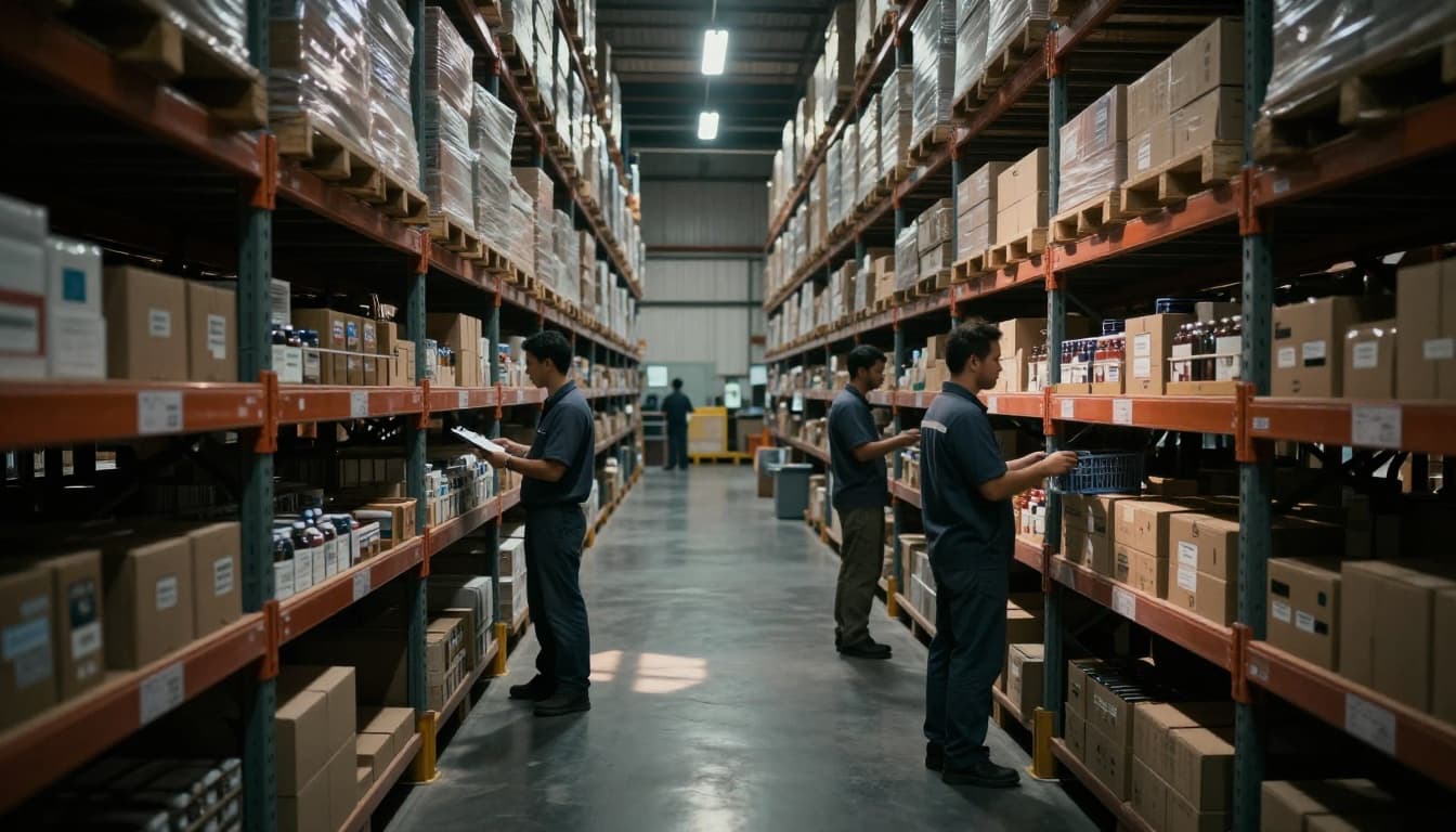 Two warehouse workers in a large industrial space perform a manual stock count; one holds a clipboard checking shelves with boxes, the other counts items in a bin, with organized racks in the background under cinematic lighting with strong contrast and long shadows.
