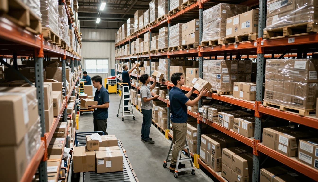 Three workers in an organized distribution center pick items from high shelves using ladders and carts, while packing boxes on nearby conveyor belts under bright overhead lights in a cinematic style.