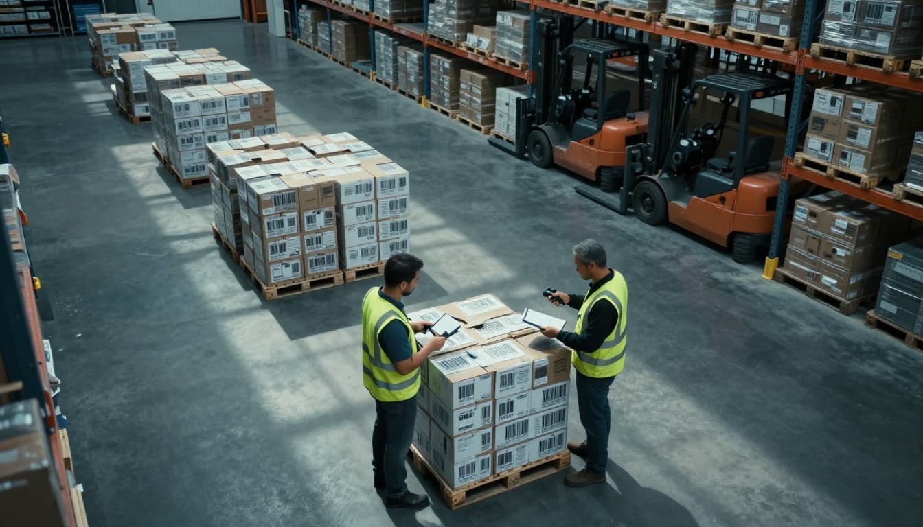 Two warehouse workers in safety vests scan barcodes and inspect for damage on incoming boxes stacked on pallets in a modern US warehouse, with tall shelves and forklifts in the background under dramatic lighting.