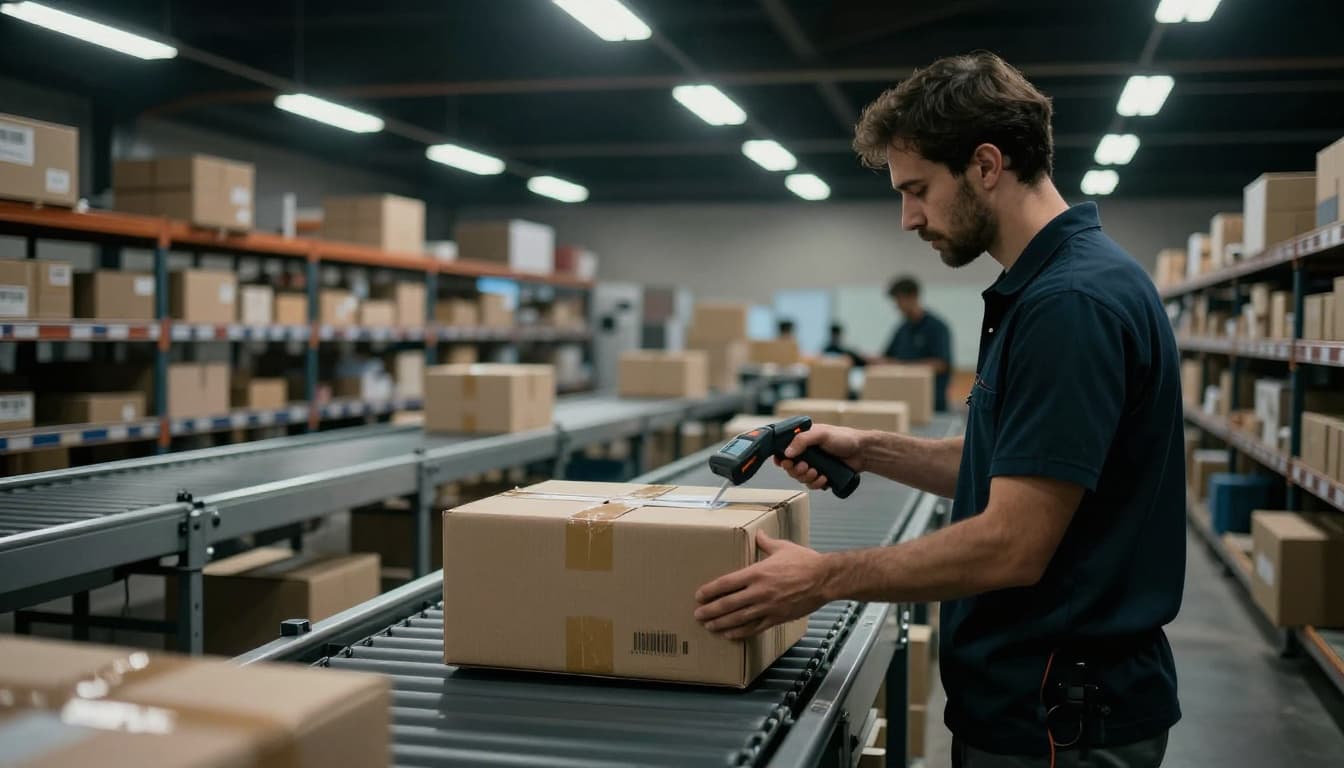 Modern warehouse interior shows two workers processing returns: one scans a barcode on a returned package with a handheld scanner, the other inspects an item from an open box nearby, conveyor belt with boxes in the background, cinematic style.