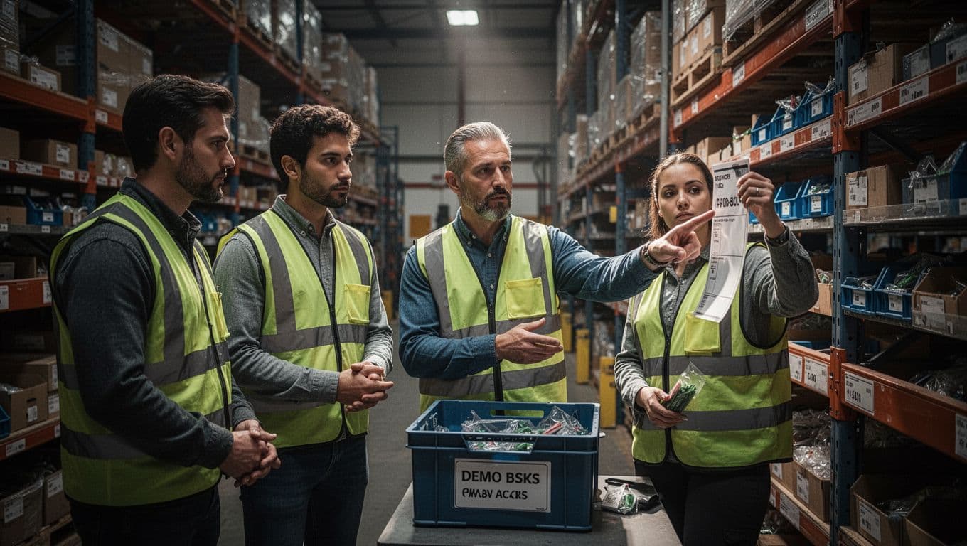 Warehouse workers training with a coach and a demo picking bin.