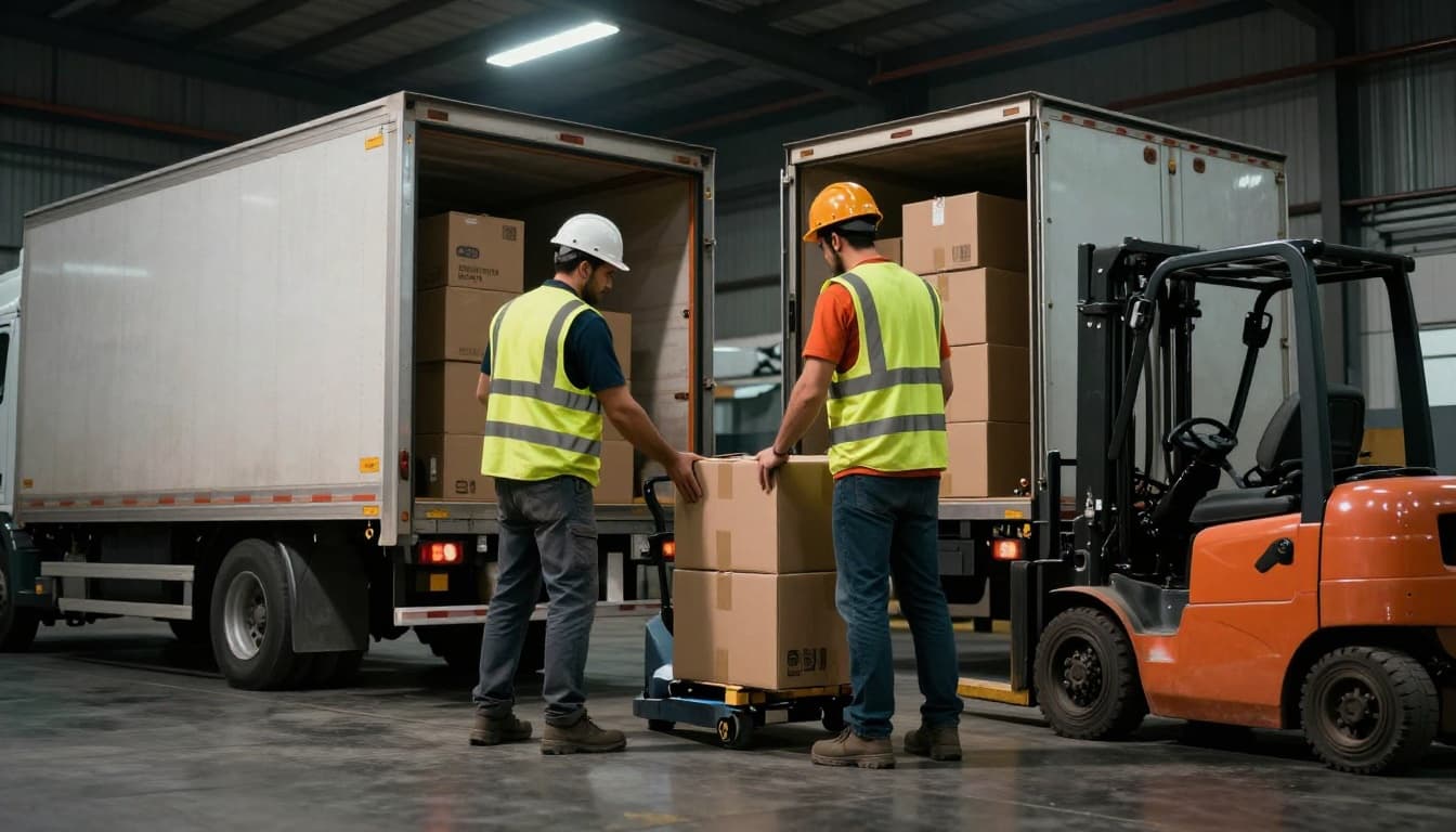 Two workers in safety vests unload cardboard boxes from a semi-truck trailer using a pallet jack at a busy warehouse loading dock, with forklifts parked nearby under overhead lights and cinematic dramatic lighting.