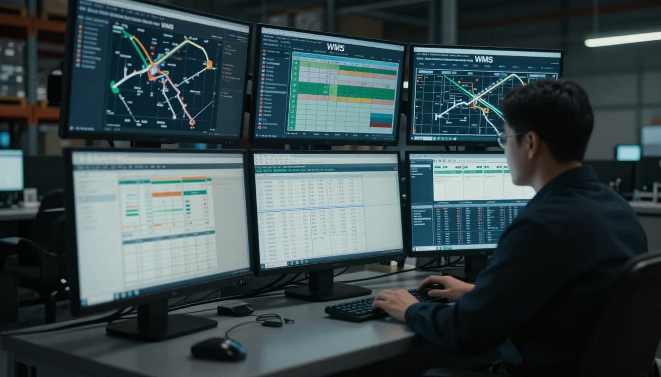 Cinematic warehouse control room with one operator at a desk using keyboard, screens displaying blurred WMS dashboards for inventory maps and routes, dramatic lighting and strong contrast.
