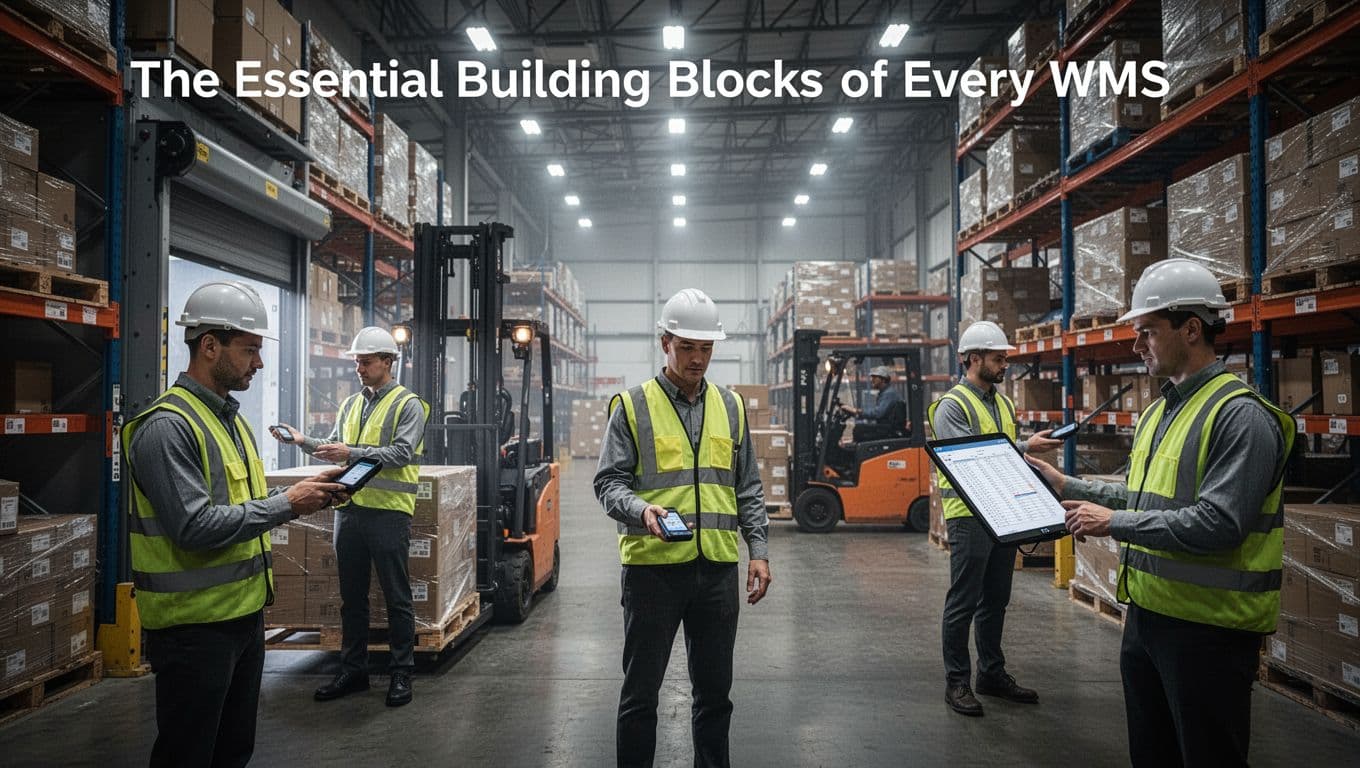 Cinematic interior of a modern warehouse showing four core WMS components: workers receiving inbound pallets, scanning barcodes for inventory, preparing pick lists, and outbound shipping area with one forklift.
